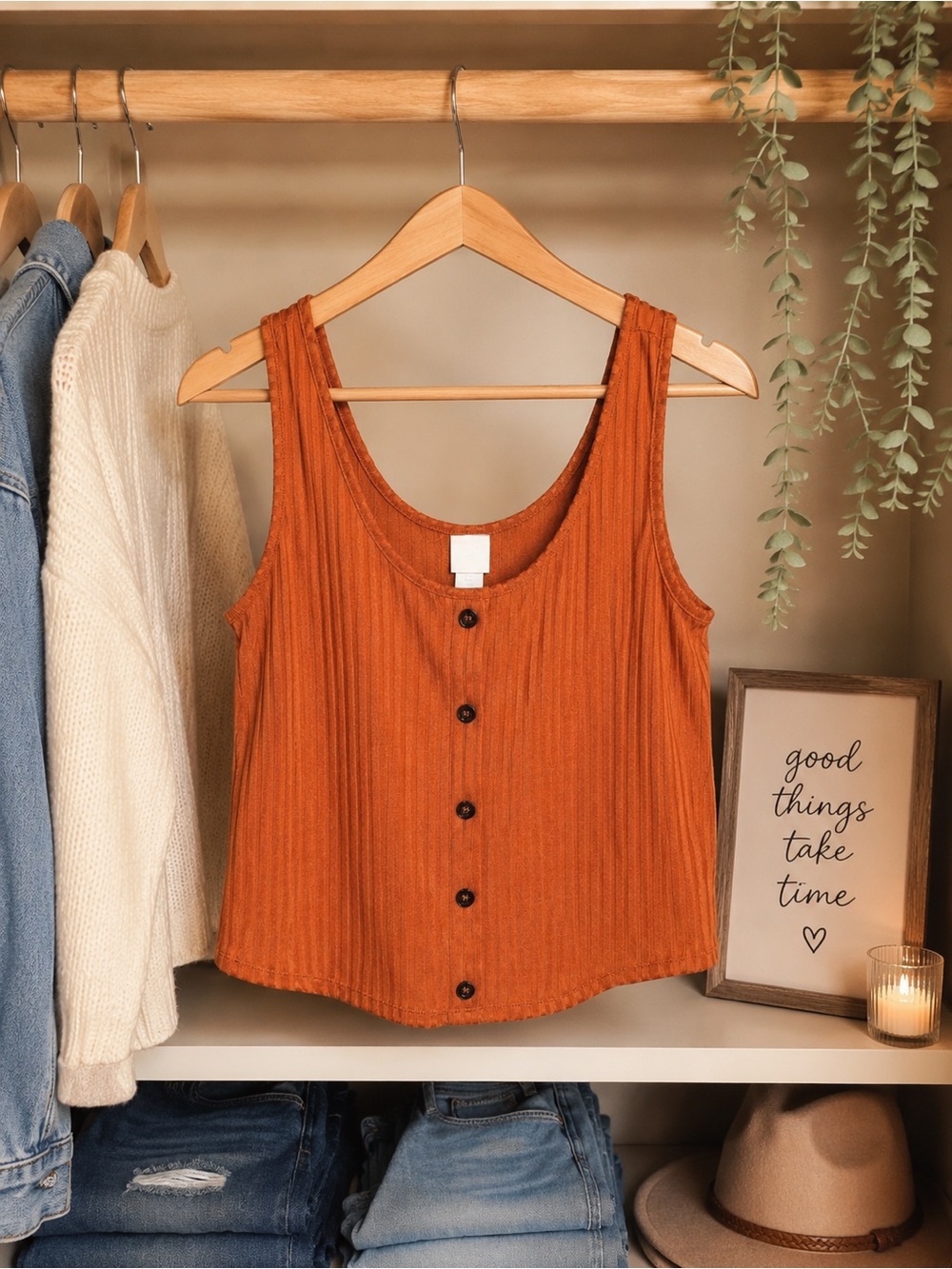 H&M Rust Ribbed Button-Front Crop Tank - Picture 2 of 3
